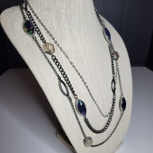 Simply Vera Wang Necklace 3 Tier Faceted Smokey Glass & Peacock Silver Metal 18"